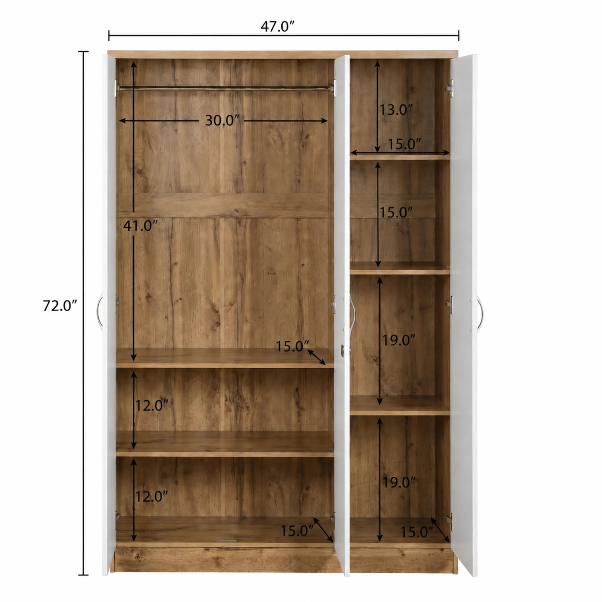 3-Door White and Oak Wardrobe dimensions