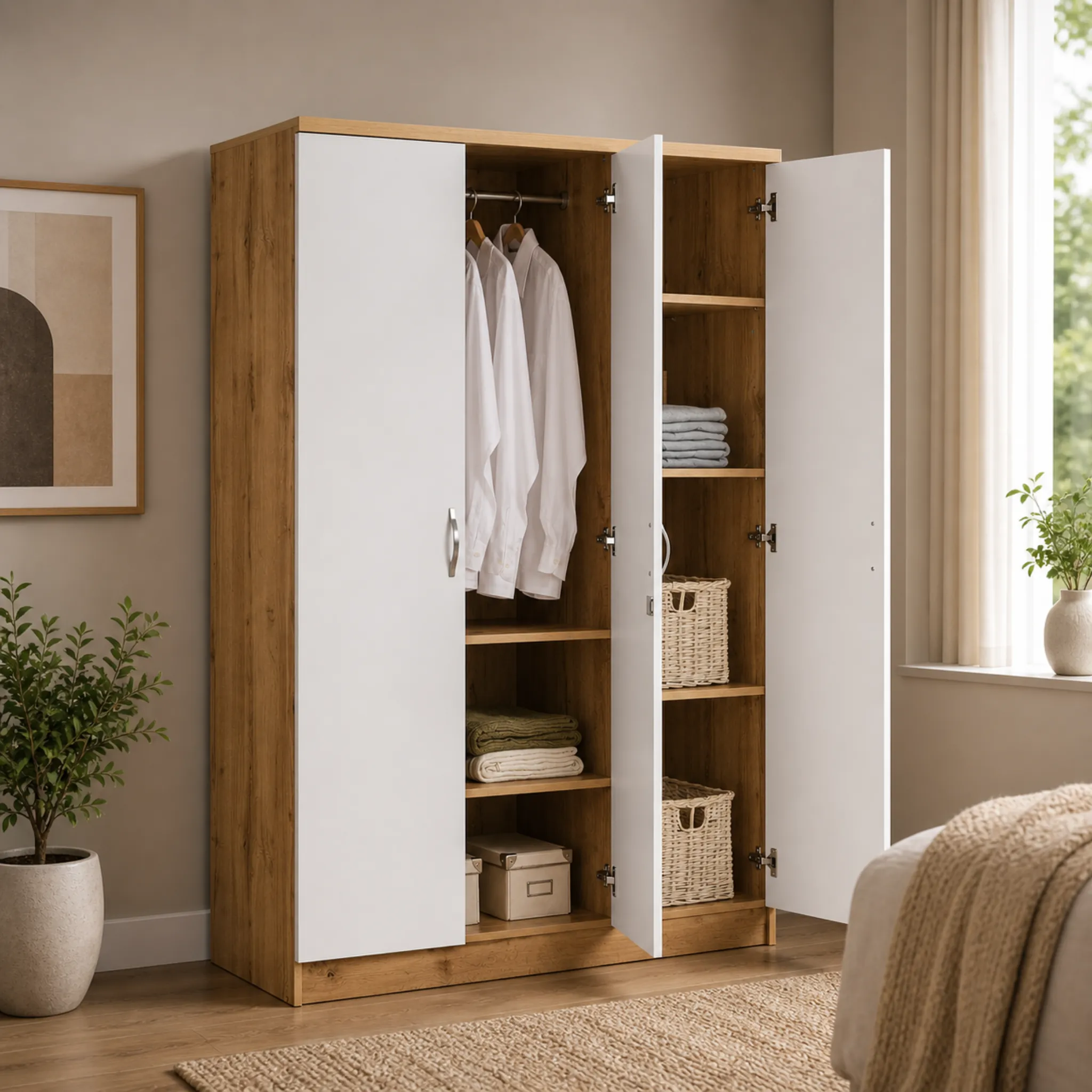 3-Door White and Oak Wardrobe open showing hanging space and shelves