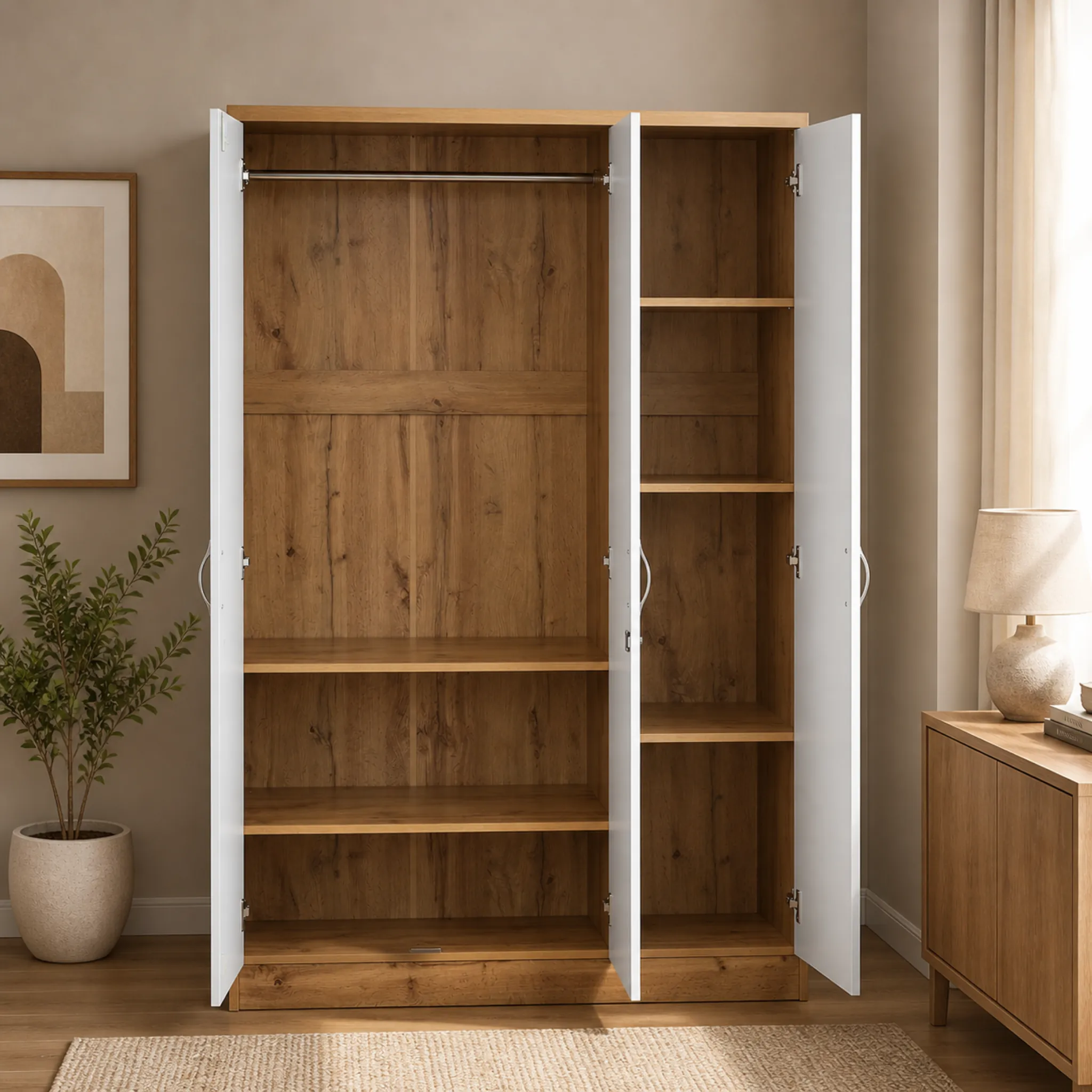 3-Door White and Oak Wardrobe interior storage