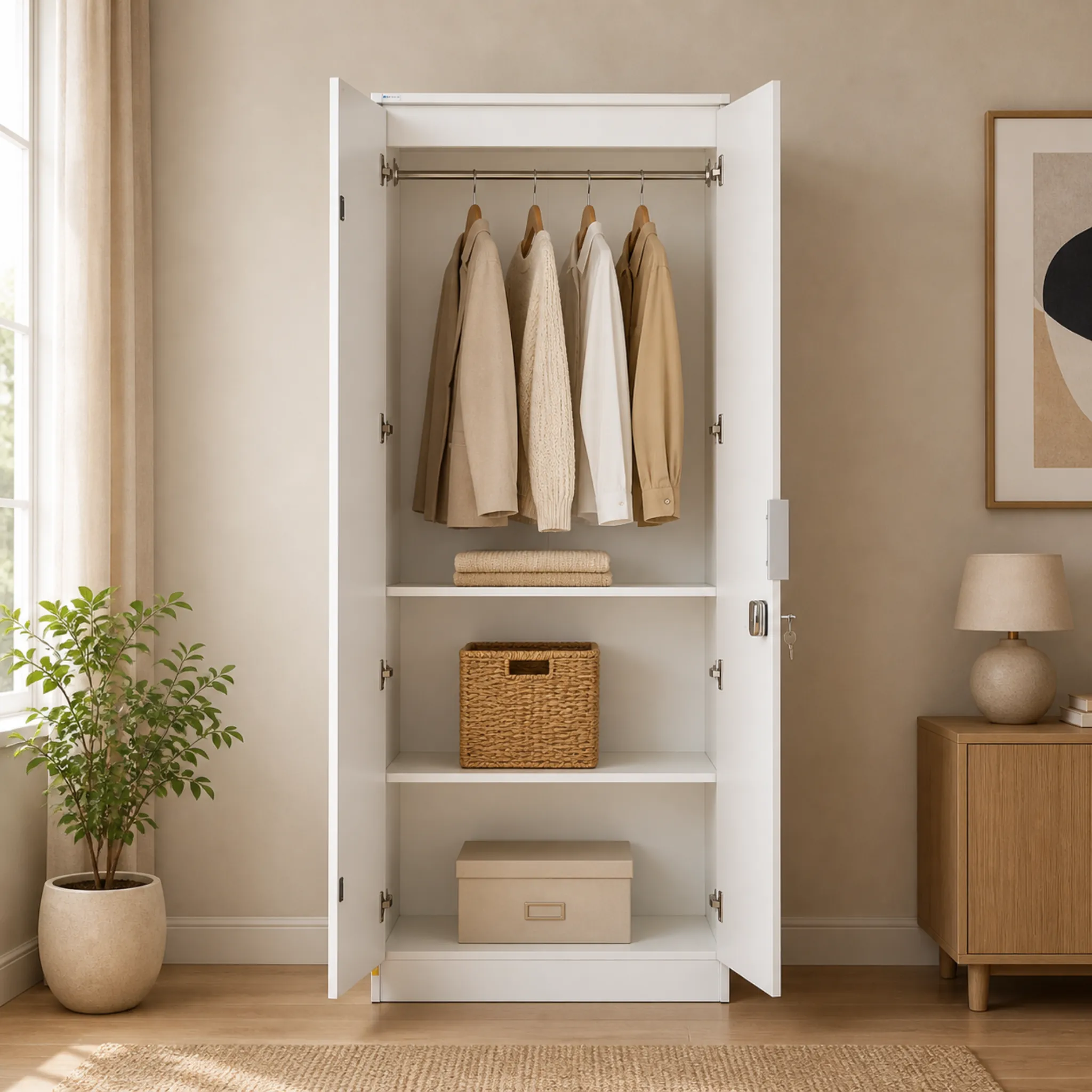 White 2-Door Wardrobe open showing hanging rail and shelves